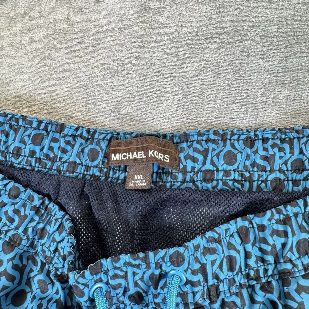 Michael Kors Sz XXL Mens Swim Shorts Allover AOP Logo Spelling BLUE Black